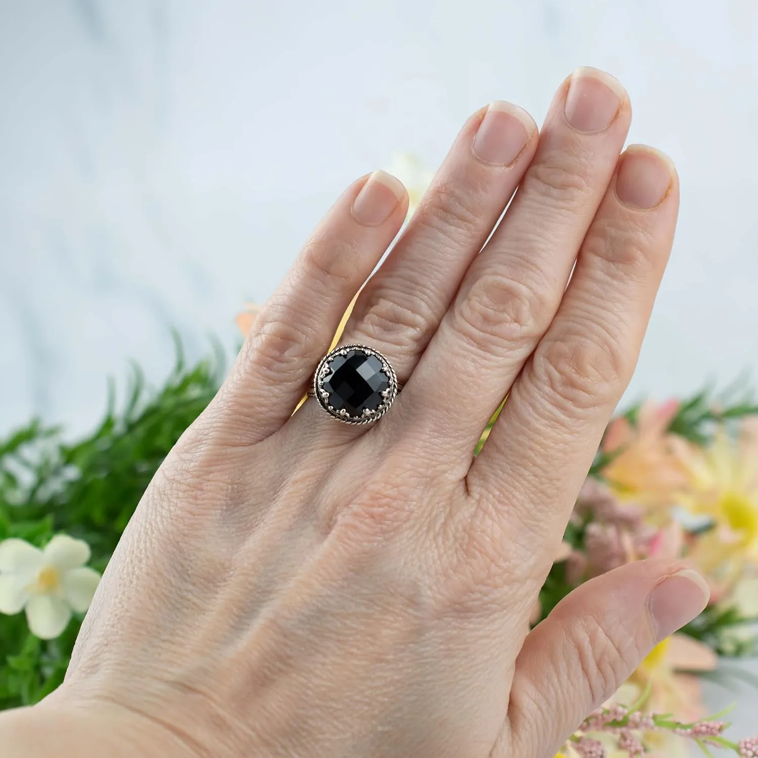 Sterling Silver Handcrafted Filigree Art Women Gemstone Cocktail Ring