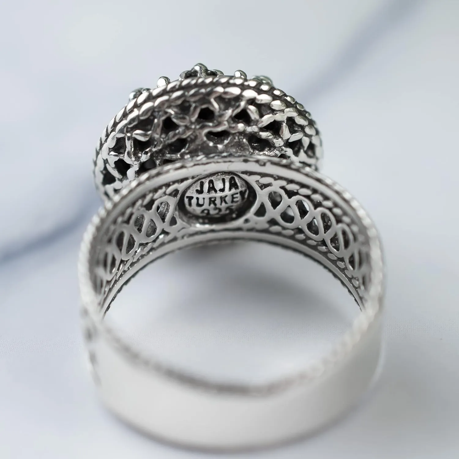 Sterling Silver Handcrafted Filigree Art Women Gemstone Cocktail Ring