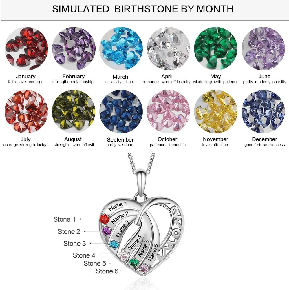 Sterling silver mothers necklace with 6 birthstones 6 names and stones customized engraved silver jewelry for women grandma gift for her mom gift mothers day personalized pendant necklace with my name