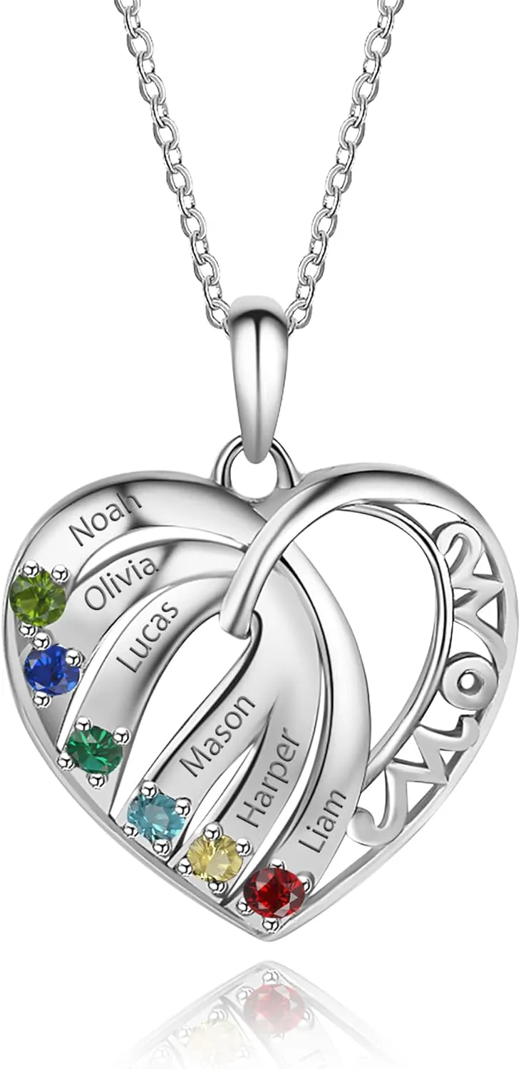 Sterling silver mothers necklace with 6 birthstones 6 names and stones customized engraved silver jewelry for women grandma gift for her mom gift mothers day personalized pendant necklace with my name
