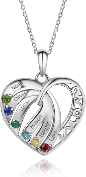 Sterling silver mothers necklace with 6 birthstones 6 names and stones customized engraved silver jewelry for women grandma gift for her mom gift mothers day personalized pendant necklace with my name
