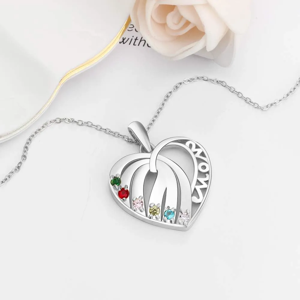 Sterling silver mothers necklace with 6 birthstones 6 names and stones customized engraved silver jewelry for women grandma gift for her mom gift mothers day personalized pendant necklace with my name