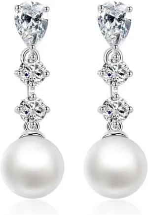 Sterling Silver Pearl Drop Earrings for Women Cubic Zirconia Hypoallergenic Earrings Studs Trendy Bridal Wedding Jewelry