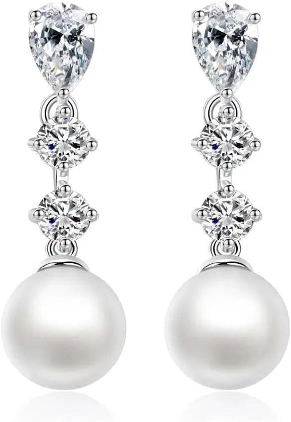 Sterling Silver Pearl Drop Earrings for Women Cubic Zirconia Hypoallergenic Earrings Studs Trendy Bridal Wedding Jewelry