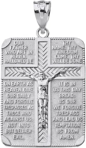 Sterling Silver Religious Lord's Prayer Crucifix Cross Rectangular Tag Pendant