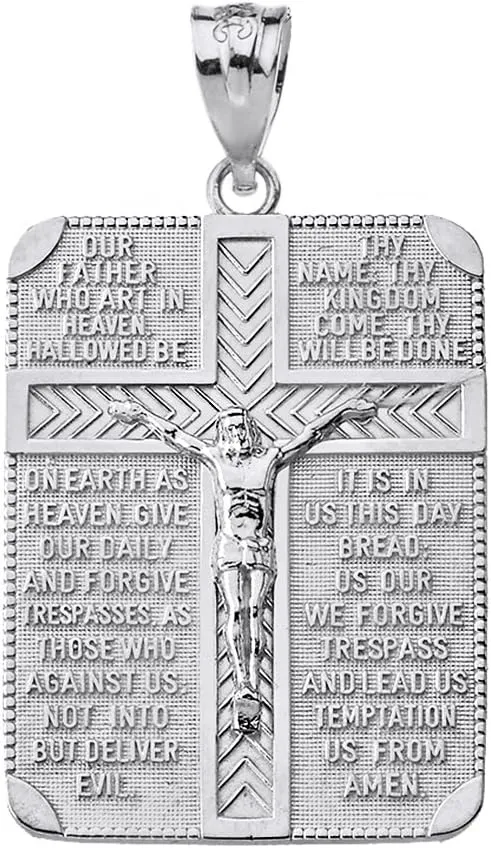Sterling Silver Religious Lord's Prayer Crucifix Cross Rectangular Tag Pendant