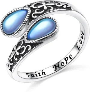 Sterling Silver Spoon Ring for Women Celtic Cross Rings Vintage Celtic Synthetic Moonstone Spoon Ring Faith Hope Love Open Rings Gift Jewelry