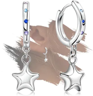 Sterling Silver Star Hoop Earrings for Teen Girls Women - Stars Hoop Earrings Hypoallergenic Colorful Cubic Zirconia Star Shaped Earrings Lightweight Loop Earring Gifts for Granddaughter Christmas