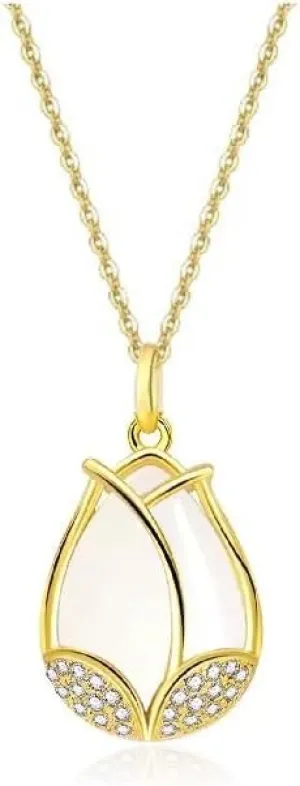 Sterling Silver White Chalcedony Tulip Flower with Little Crystals Pendant Necklace
