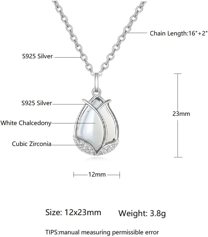 Sterling Silver White Chalcedony Tulip Flower with Little Crystals Pendant Necklace