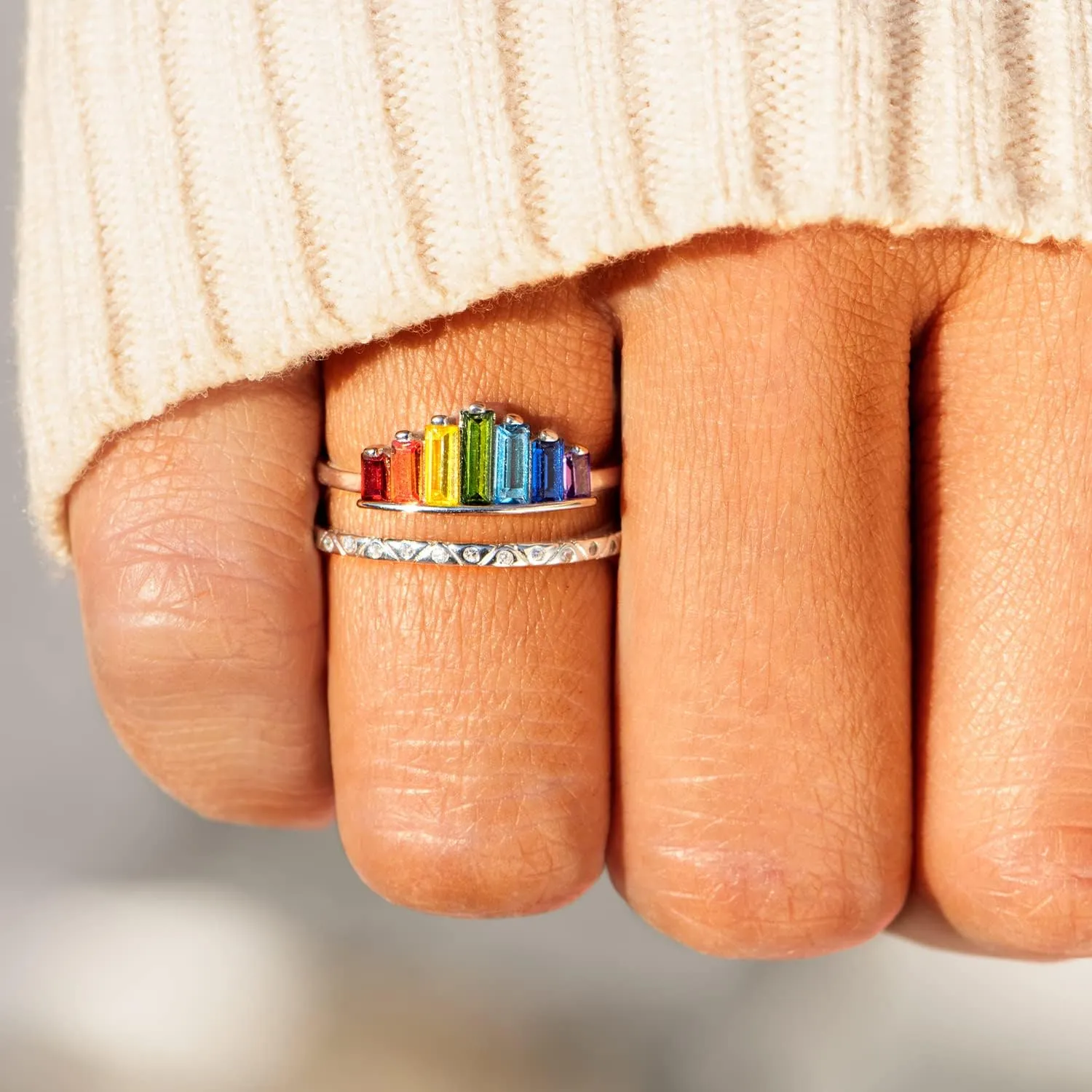 STORYJEWELLERY Rainbow Ring, Colorful Rings for Women, 925 Sterling Silver Adjustable Rings for Women, Double Band Baguette Ring, Womens Gifts