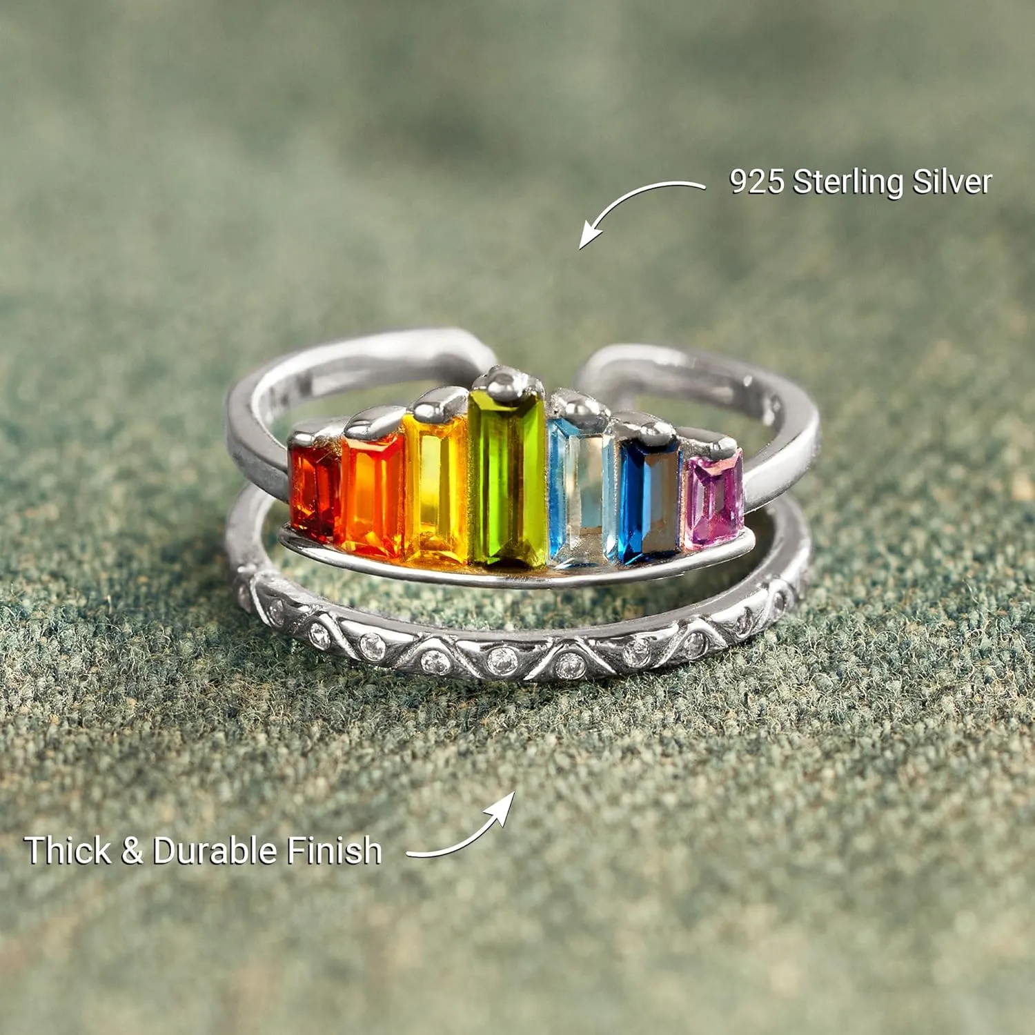 STORYJEWELLERY Rainbow Ring, Colorful Rings for Women, 925 Sterling Silver Adjustable Rings for Women, Double Band Baguette Ring, Womens Gifts