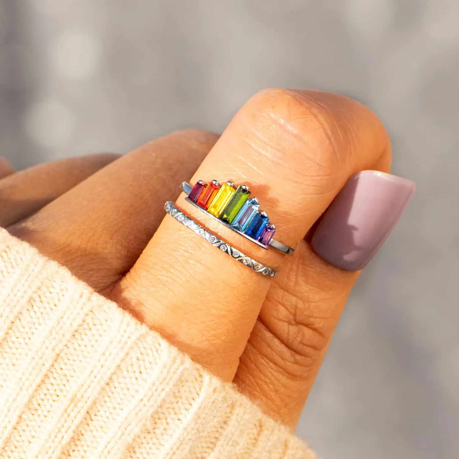 STORYJEWELLERY Rainbow Ring, Colorful Rings for Women, 925 Sterling Silver Adjustable Rings for Women, Double Band Baguette Ring, Womens Gifts