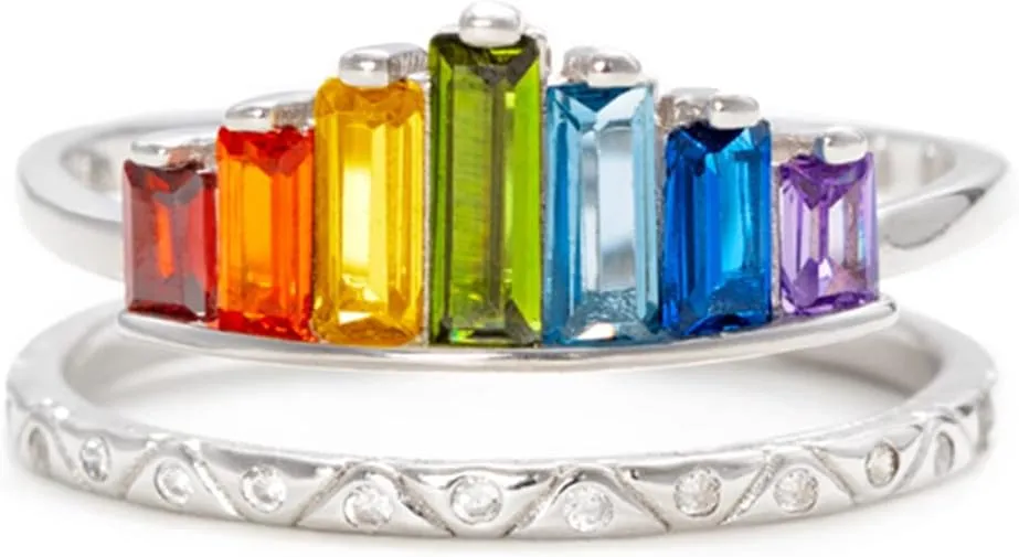 STORYJEWELLERY Rainbow Ring, Colorful Rings for Women, 925 Sterling Silver Adjustable Rings for Women, Double Band Baguette Ring, Womens Gifts