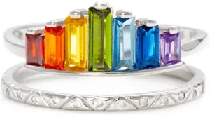 STORYJEWELLERY Rainbow Ring, Colorful Rings for Women, 925 Sterling Silver Adjustable Rings for Women, Double Band Baguette Ring, Womens Gifts