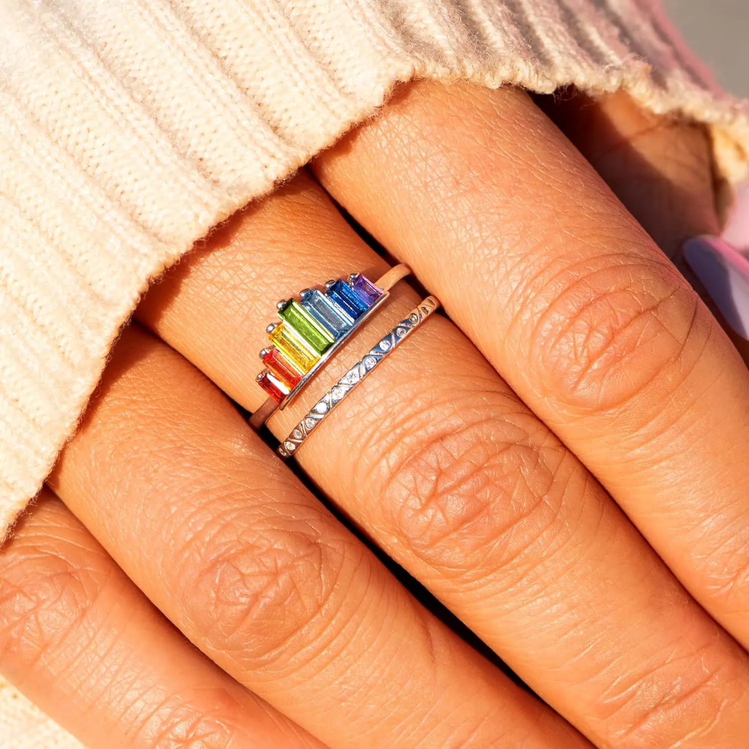STORYJEWELLERY Rainbow Ring, Colorful Rings for Women, 925 Sterling Silver Adjustable Rings for Women, Double Band Baguette Ring, Womens Gifts