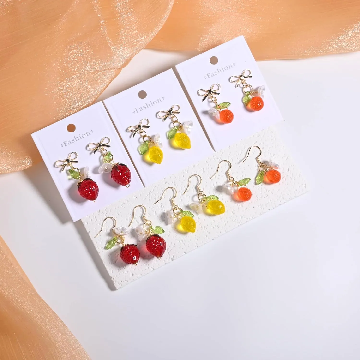 Strawberry Lemon Peach Pomegranate Dangle Earrings, Cute Fruit Bow Studs Hook Earrings, Dainty Fruity Earrings For Strawberry Festival B-Day Party Cosplay