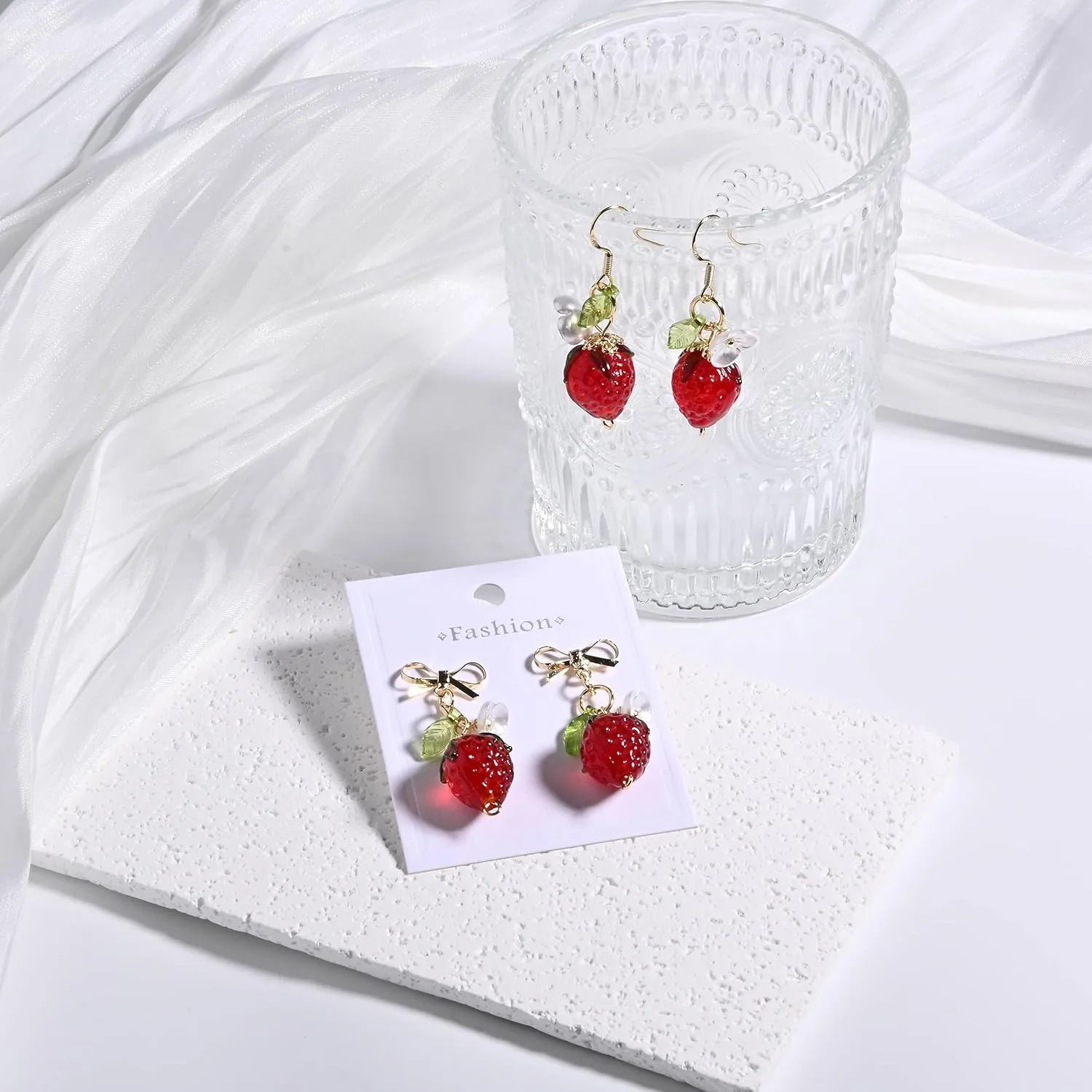 Strawberry Lemon Peach Pomegranate Dangle Earrings, Cute Fruit Bow Studs Hook Earrings, Dainty Fruity Earrings For Strawberry Festival B-Day Party Cosplay