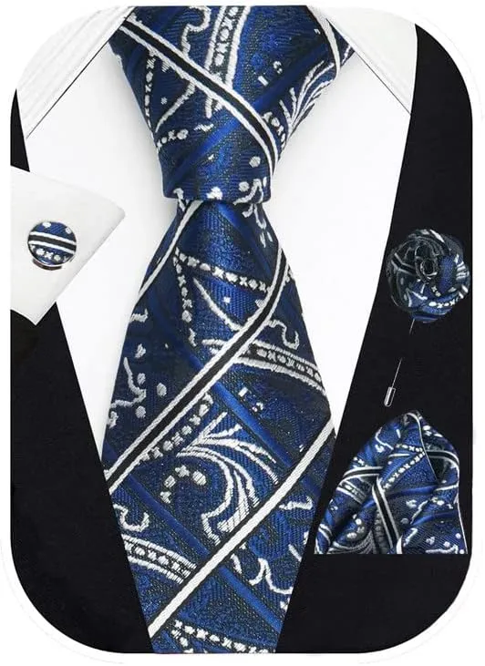 Striped Ties For Men  Tie Set With Pocket Square Cufflinks & Flower Brooch Pin For Mens (APN4) (Pack of 4)