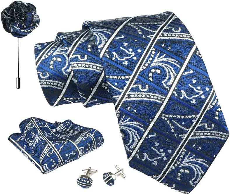 Striped Ties For Men  Tie Set With Pocket Square Cufflinks & Flower Brooch Pin For Mens (APN4) (Pack of 4)