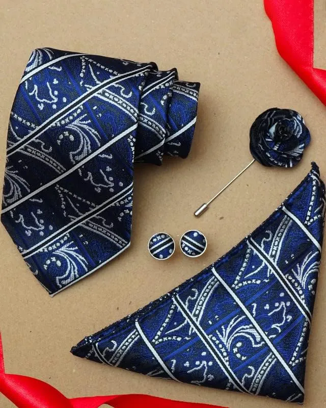 Striped Ties For Men  Tie Set With Pocket Square Cufflinks & Flower Brooch Pin For Mens (APN4) (Pack of 4)