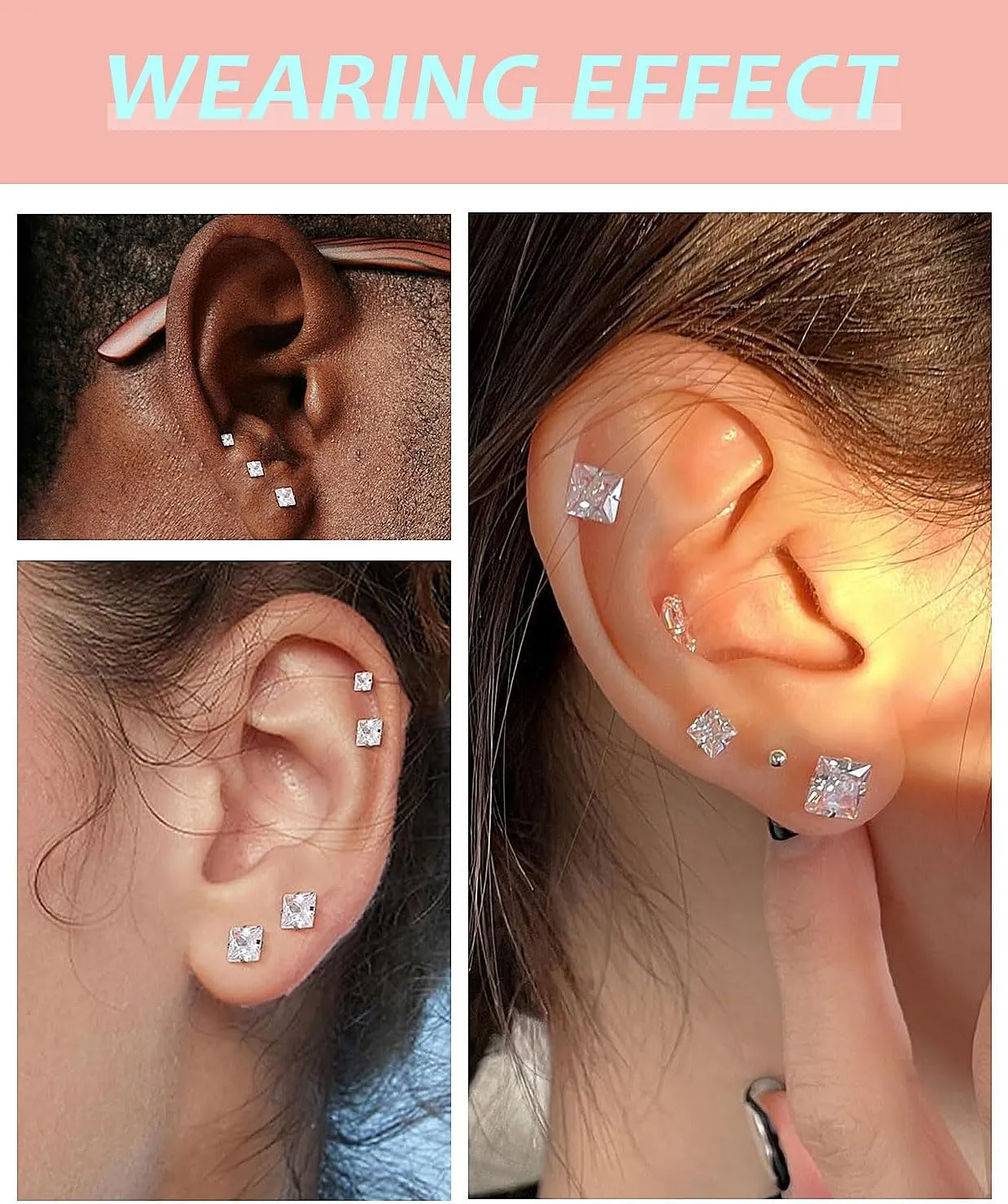 Surgical Steel Studs Earrings for Women Men,Hypoallergenic Silver 14K Gold Plated Stainless Steel Square/Heart/Five-Point Star Shape Cubic Zirconia Studs Earrings for Sensitive Ears Cartilage Helix Piercing