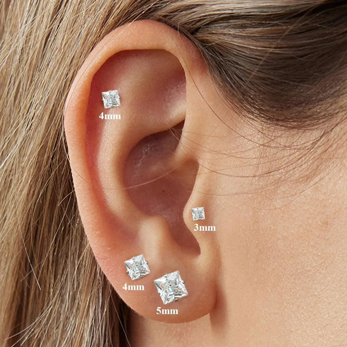 Surgical Steel Studs Earrings for Women Men,Hypoallergenic Silver 14K Gold Plated Stainless Steel Square/Heart/Five-Point Star Shape Cubic Zirconia Studs Earrings for Sensitive Ears Cartilage Helix Piercing