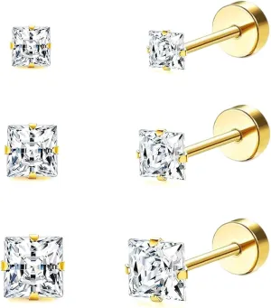 Surgical Steel Studs Earrings for Women Men,Hypoallergenic Silver 14K Gold Plated Stainless Steel Square/Heart/Five-Point Star Shape Cubic Zirconia Studs Earrings for Sensitive Ears Cartilage Helix Piercing