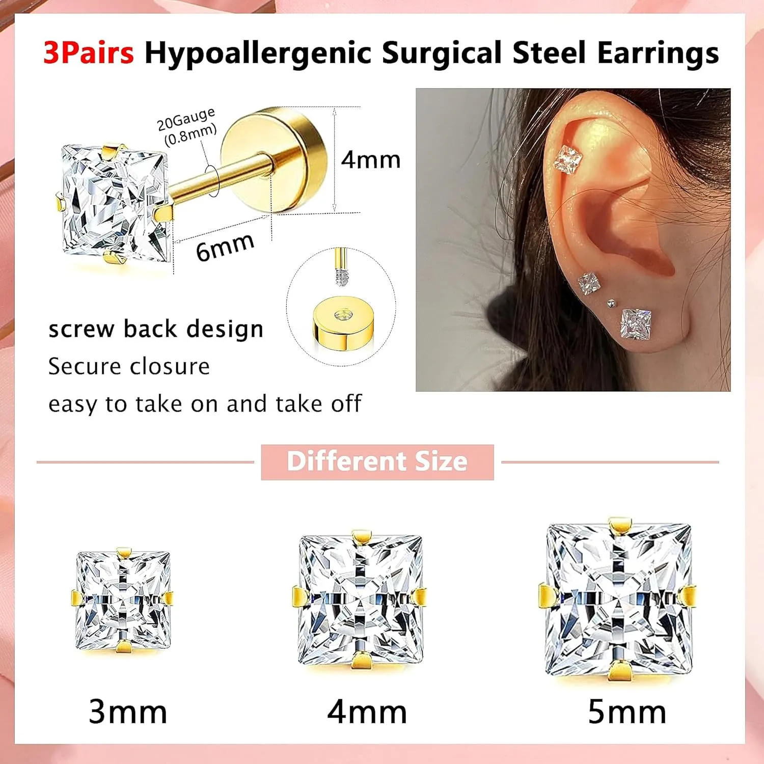 Surgical Steel Studs Earrings for Women Men,Hypoallergenic Silver 14K Gold Plated Stainless Steel Square/Heart/Five-Point Star Shape Cubic Zirconia Studs Earrings for Sensitive Ears Cartilage Helix Piercing