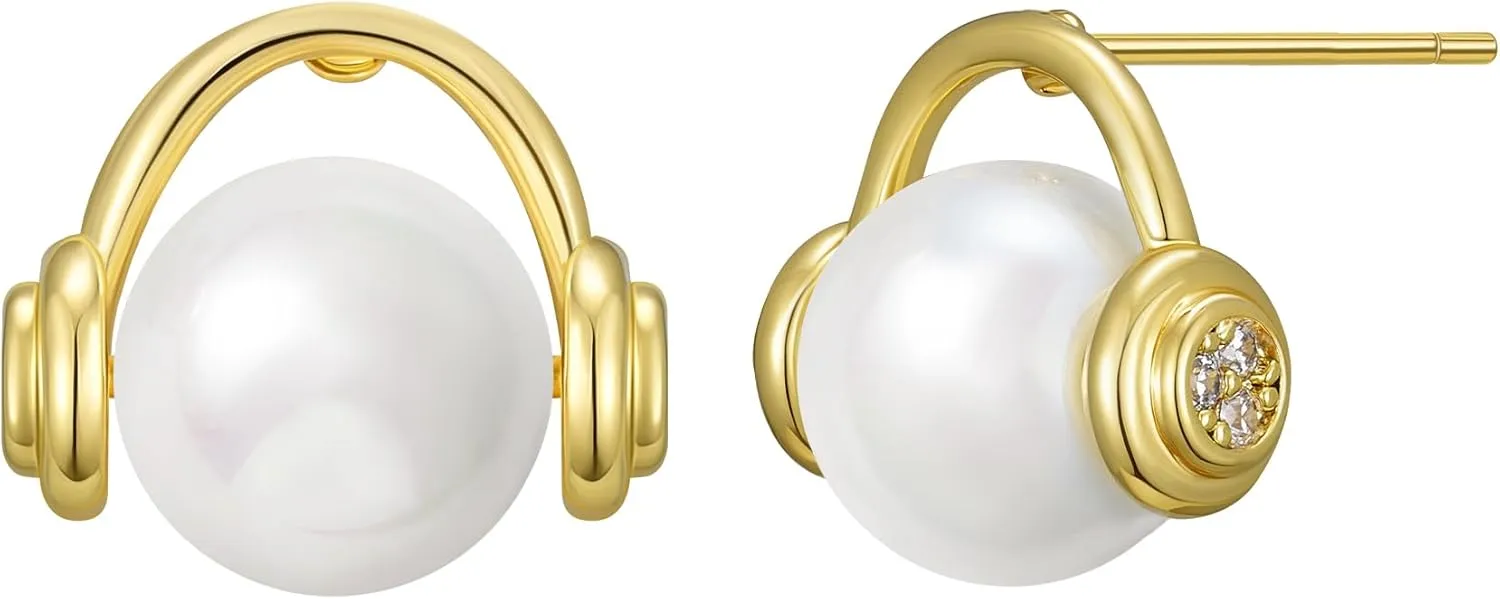 SWEETV 18K Gold Plated Pearl Earrings for Women, Trendy Pearl Stud Earrings, Dainty CZ Pearl and Gold Earrings Hypoallergenic Jewelry Gift