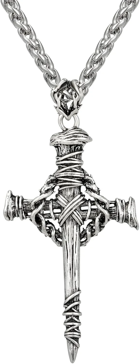 SWEETV Designer Oxidized Sterling Silver Cross Necklace for Men, Vintage Chunky Big Cross Pendant, Amulet Necklace Jewelry Gift for Men