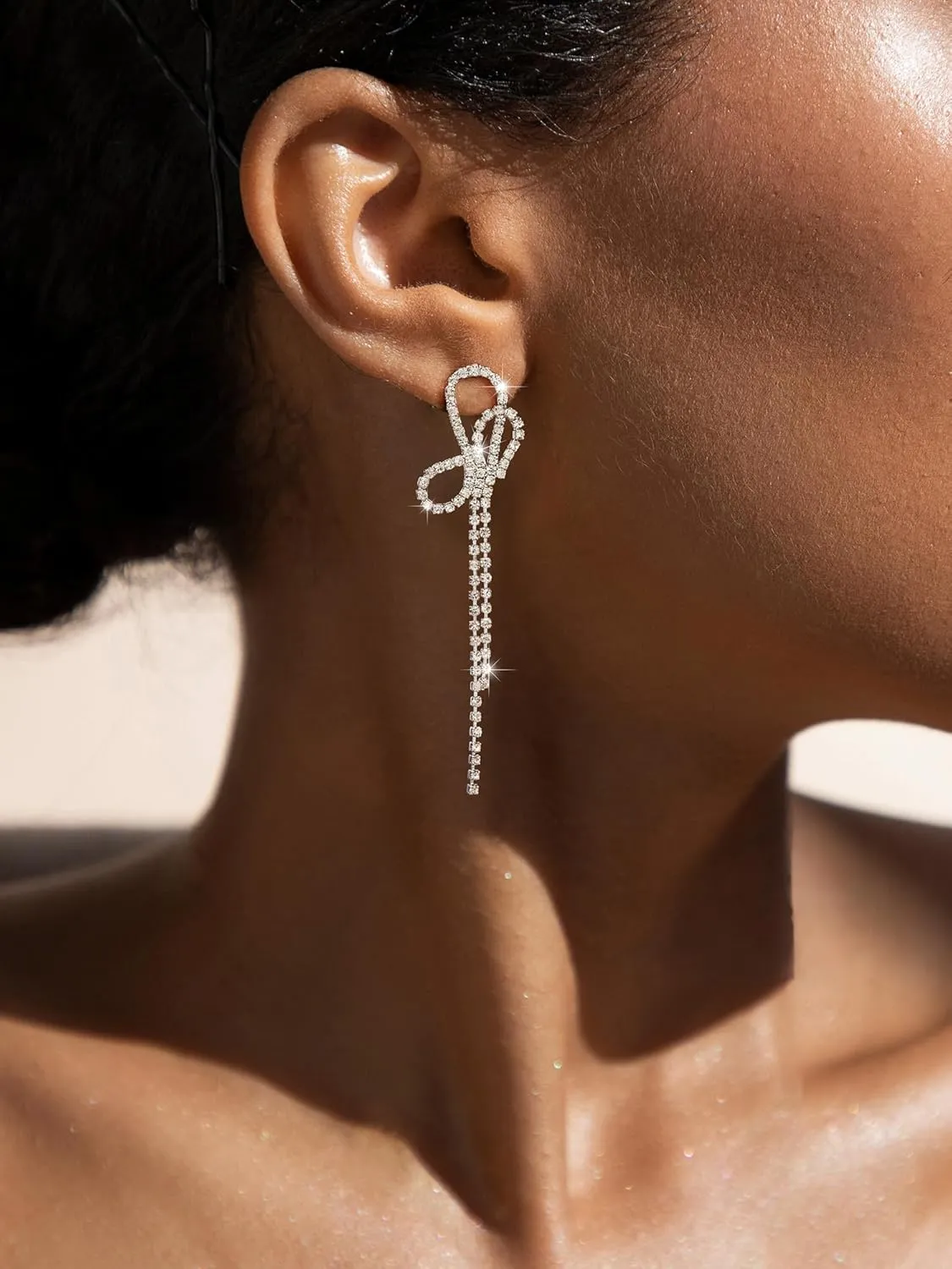 SWEETV Sparkly Rhinestones Earrings for Women, Silver Crystal Bow Drop Dangle Tassel Earrings for Wedding Bridal Prom Party