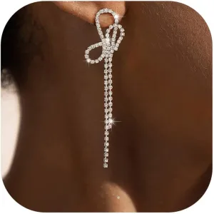 SWEETV Sparkly Rhinestones Earrings for Women, Silver Crystal Bow Drop Dangle Tassel Earrings for Wedding Bridal Prom Party