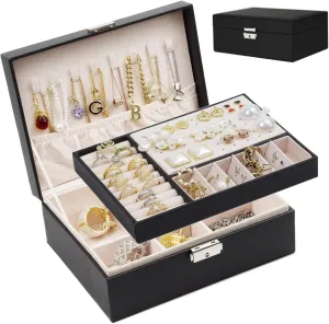 SYCARON Jewelry Box Organizer for Women, Jewelry Organizers 2 Layer Jewelry Storage Box PU Leather with Lock for Women Girls Rings Earrings Necklace Bracelets, Black