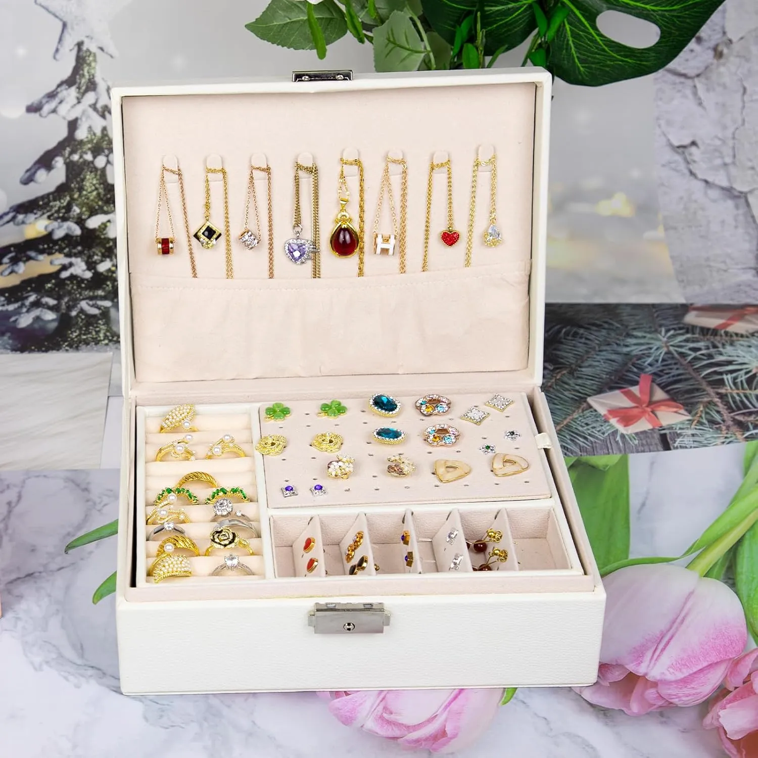 SYCARON Jewelry Box Organizer for Women, Jewelry Organizers 2 Layer Jewelry Storage Box PU Leather with Lock for Women Girls Rings Earrings Necklace Bracelets, Off White