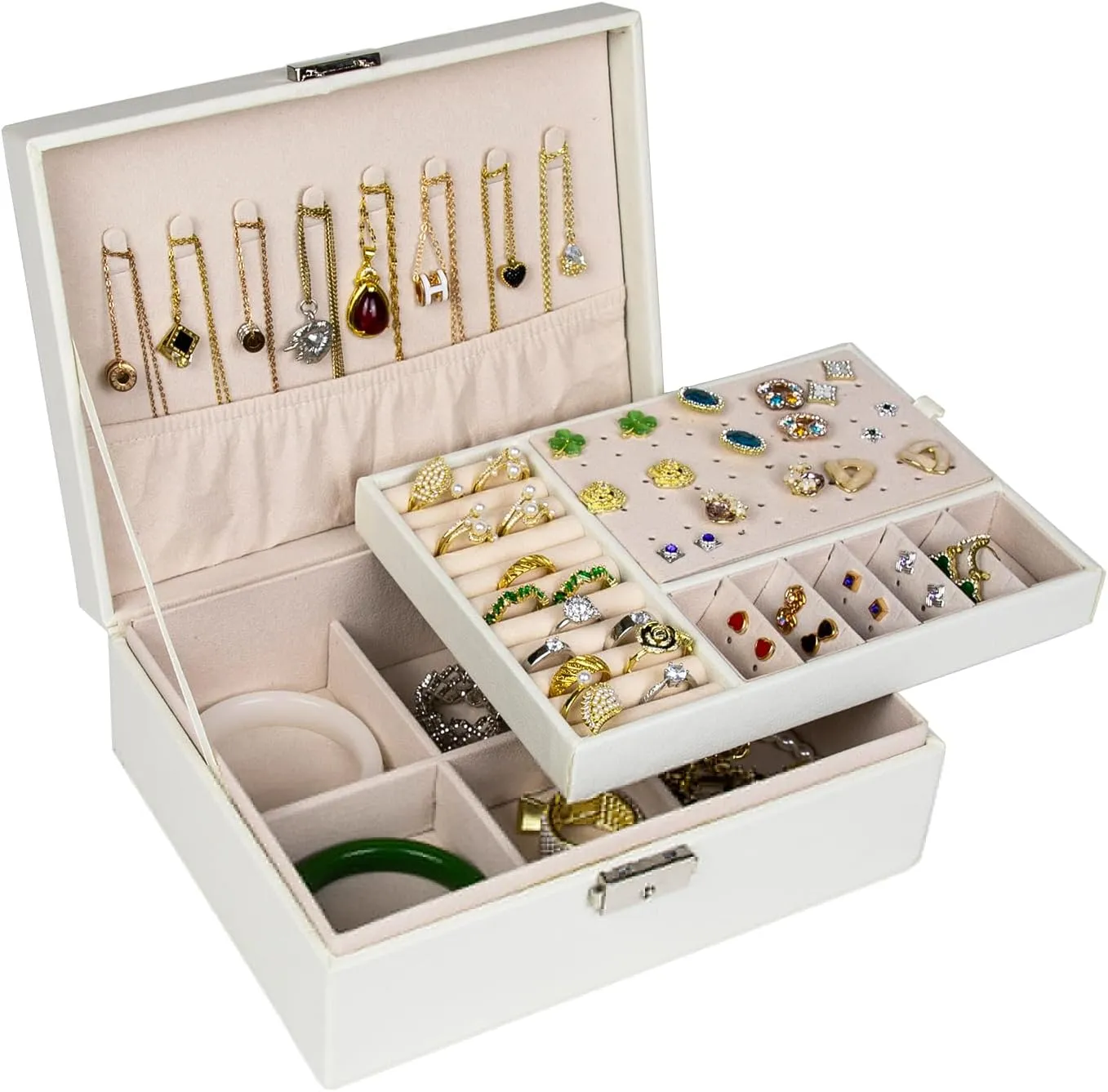 SYCARON Jewelry Box Organizer for Women, Jewelry Organizers 2 Layer Jewelry Storage Box PU Leather with Lock for Women Girls Rings Earrings Necklace Bracelets, Off White