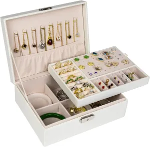 SYCARON Jewelry Box Organizer for Women, Jewelry Organizers 2 Layer Jewelry Storage Box PU Leather with Lock for Women Girls Rings Earrings Necklace Bracelets, Off White
