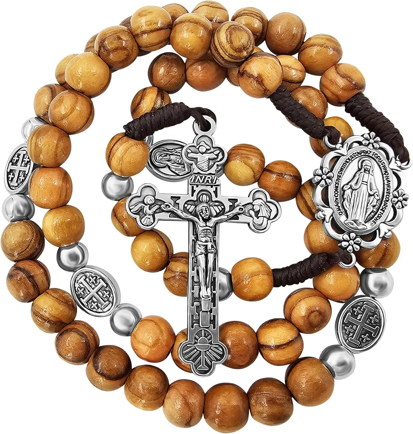 TALISMAN4U Olive Wood Rosary Beads Catholic Tertium Millennium Crucifix Miraculous Medal Centerpiece Handmade Wooden Rosaries for Men Women Religious Gift with Rosary Pouch & Prayer Card