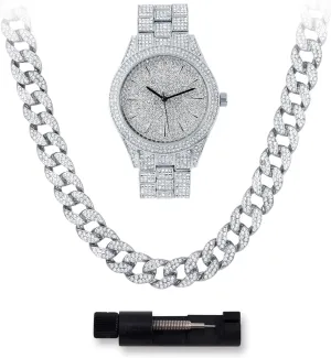 Techno Pave Mens Iced Out 42mm Classy Metal Band Watch & Cuban Chain Set