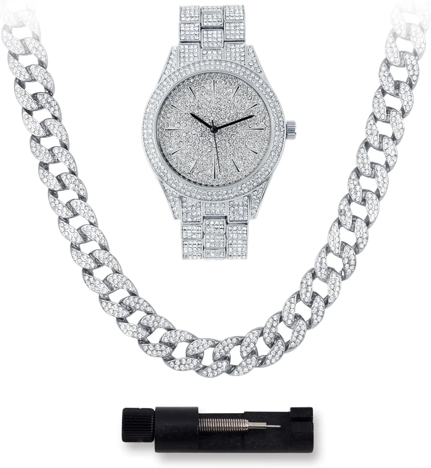 Techno Pave Mens Iced Out 42mm Classy Metal Band Watch & Cuban Chain Set