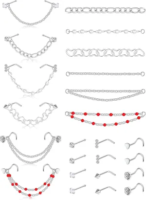 TEN MIRO Nose Piercing - Surgical Steel Nostril Studs and Heart Chain, CZ L Shaped, 20g, 4.2MM