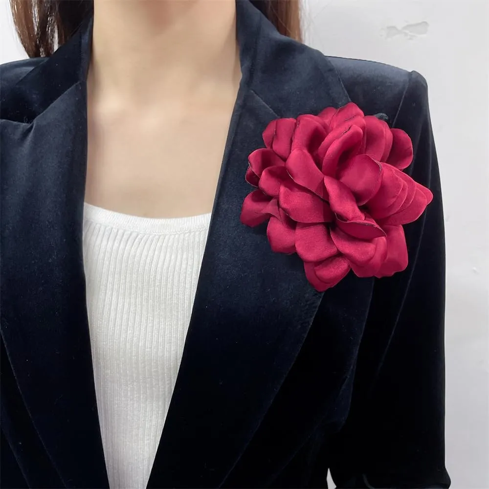 Thin Satin Rose Flower Large Brooch Lapel Pins Handmade Big Fabric Camellia Flowers Brooches Pin Classic for Women Wedding Party Banquet Dress Suit Clothes Accessories Jewelry Gifts 120mm