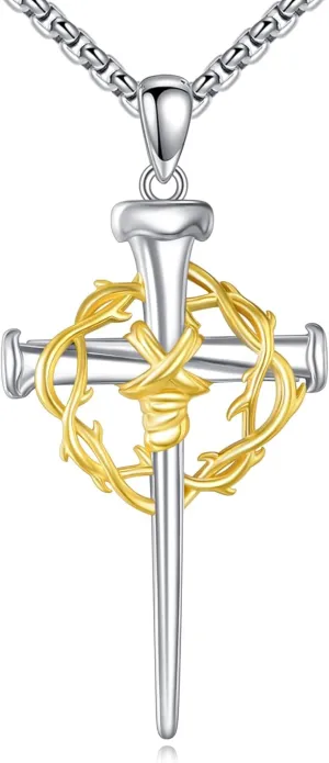 Three Nail Cross Necklace 925 Sterling Silver Nail Cross Pendant Necklace with Thorn Cross Jewelry Gifts for Men
