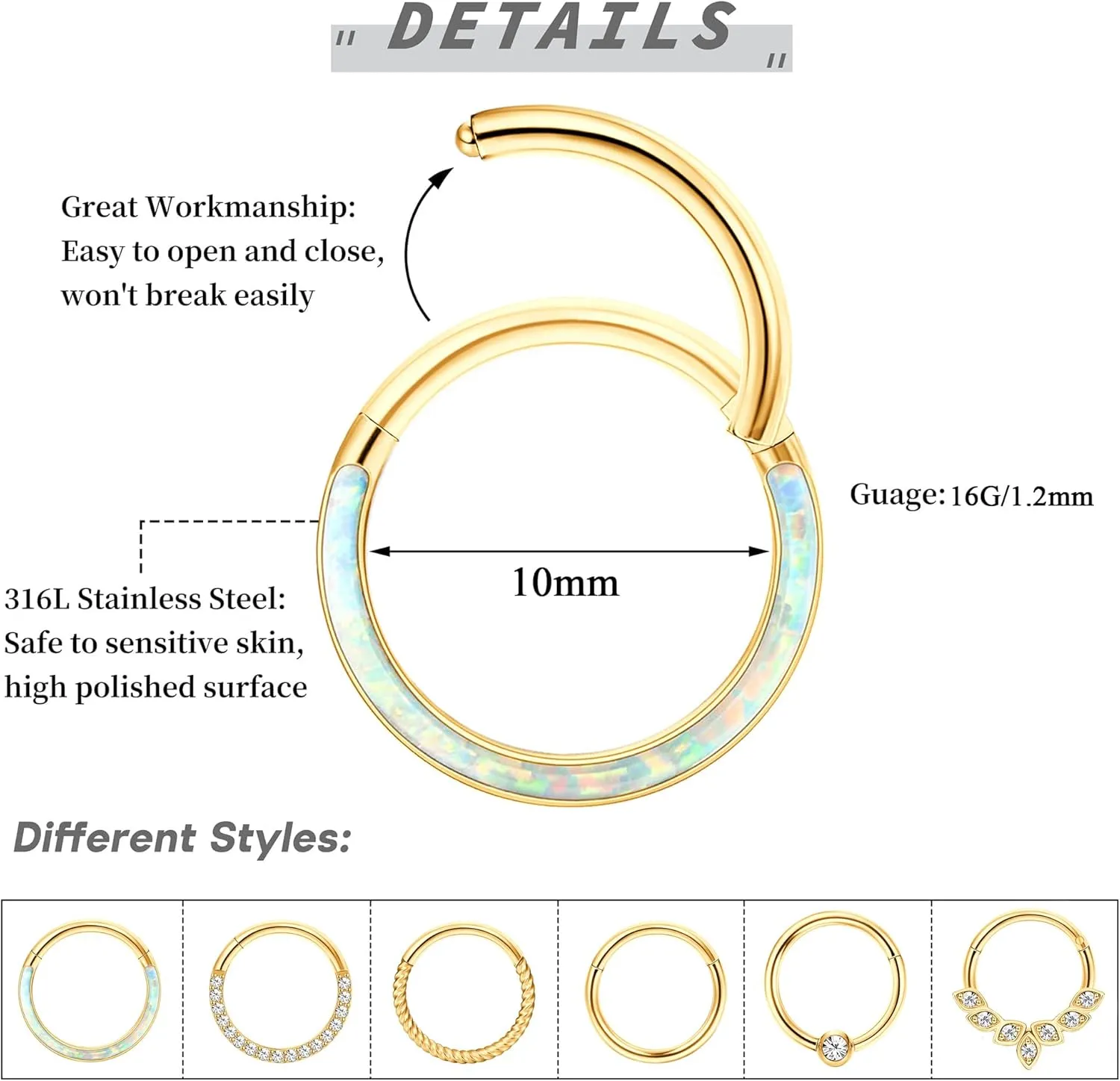 THUNARAZ 316L Surgical Steel Hinged Nose Rings Hoop 16G 18G Septum Rings for Women Men Clicker Cartilage Earrings Daith Helix Hoop Tragus Conch Piercing Jewelry 8mm 10mm