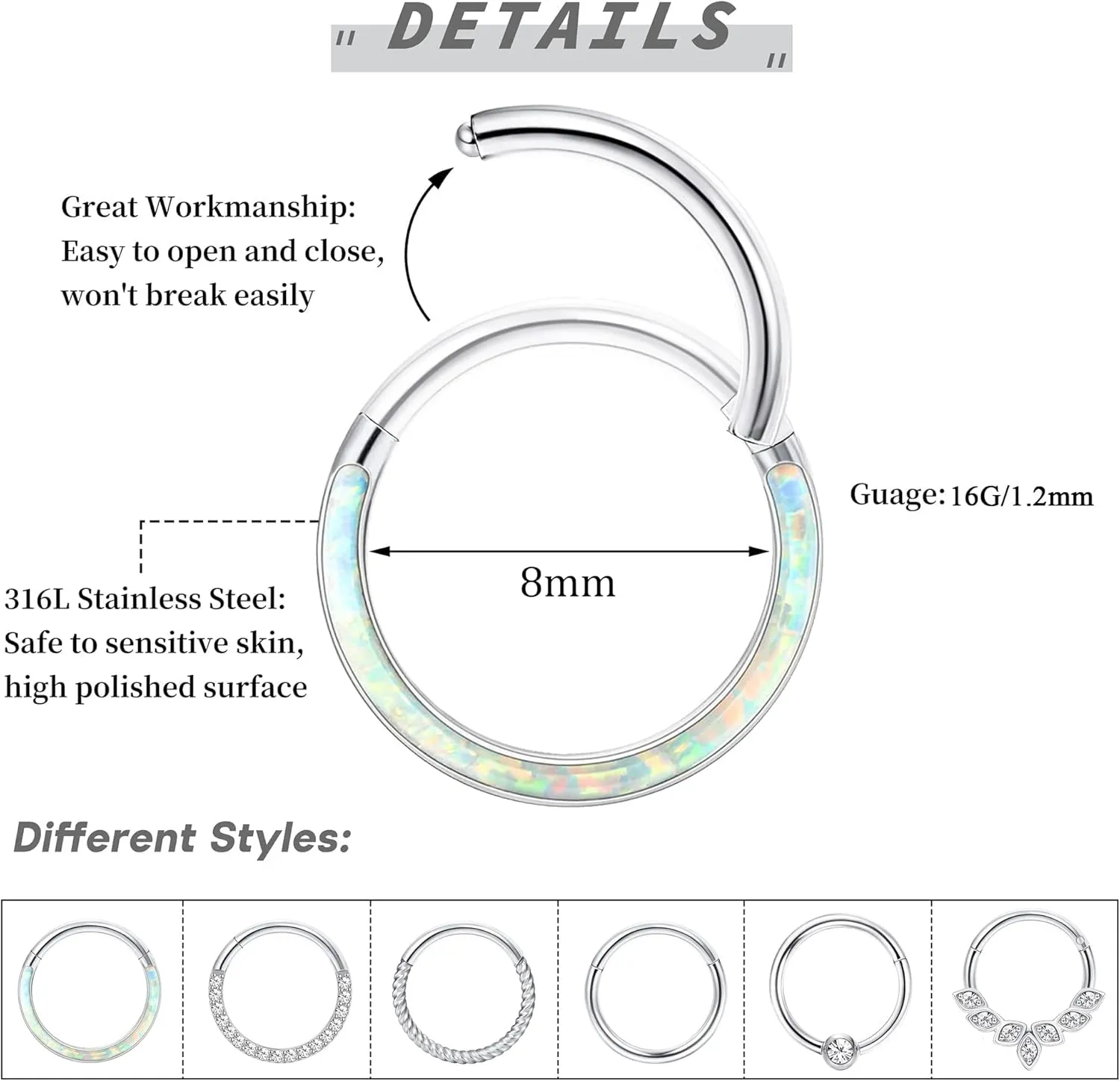 THUNARAZ 316L Surgical Steel Hinged Nose Rings Hoop 16G 18G Septum Rings for Women Men Clicker Cartilage Earrings Daith Helix Hoop Tragus Conch Piercing Jewelry 8mm 10mm