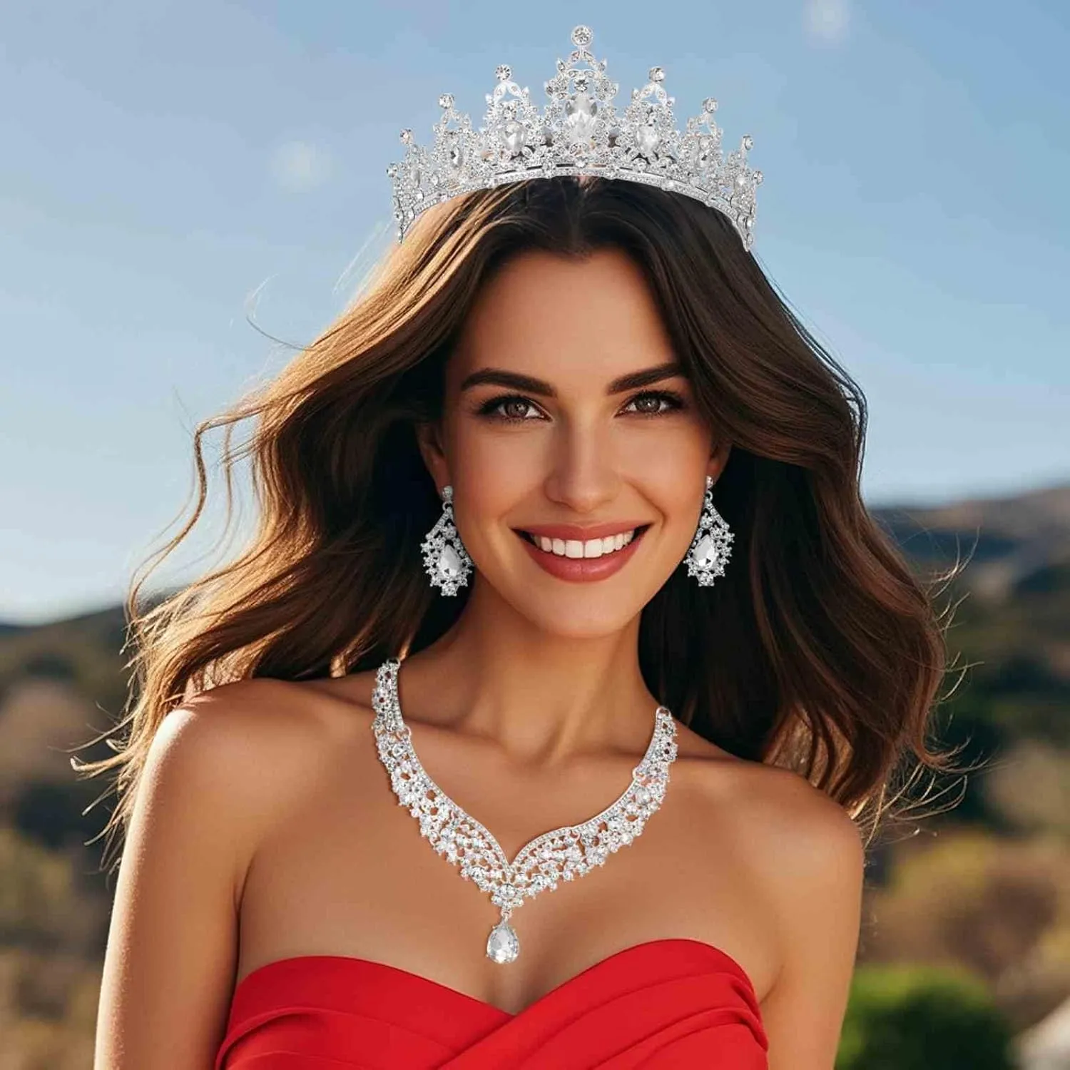 Tiaras Crown And Jewelry Sets for women,Tiaras Earrings and Necklace for Wedding, Birthday,Rhinestone Crystal Bridal Jewelry Sets for Costume Birthday Party Prom(A1)