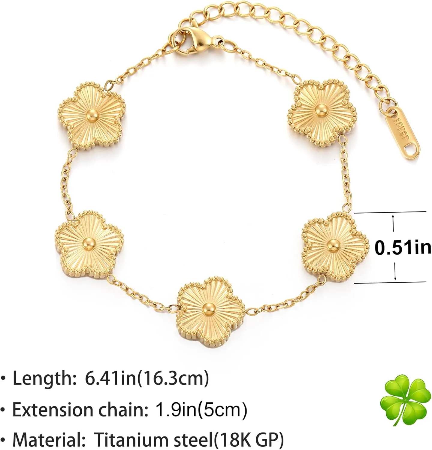 TICVSS Four Leaf Clover Bracelet for Women 18K Gold Plated Stainless Steel Lucky 4 Leaf Gold Link Bracelet Jewelry Gift for Women