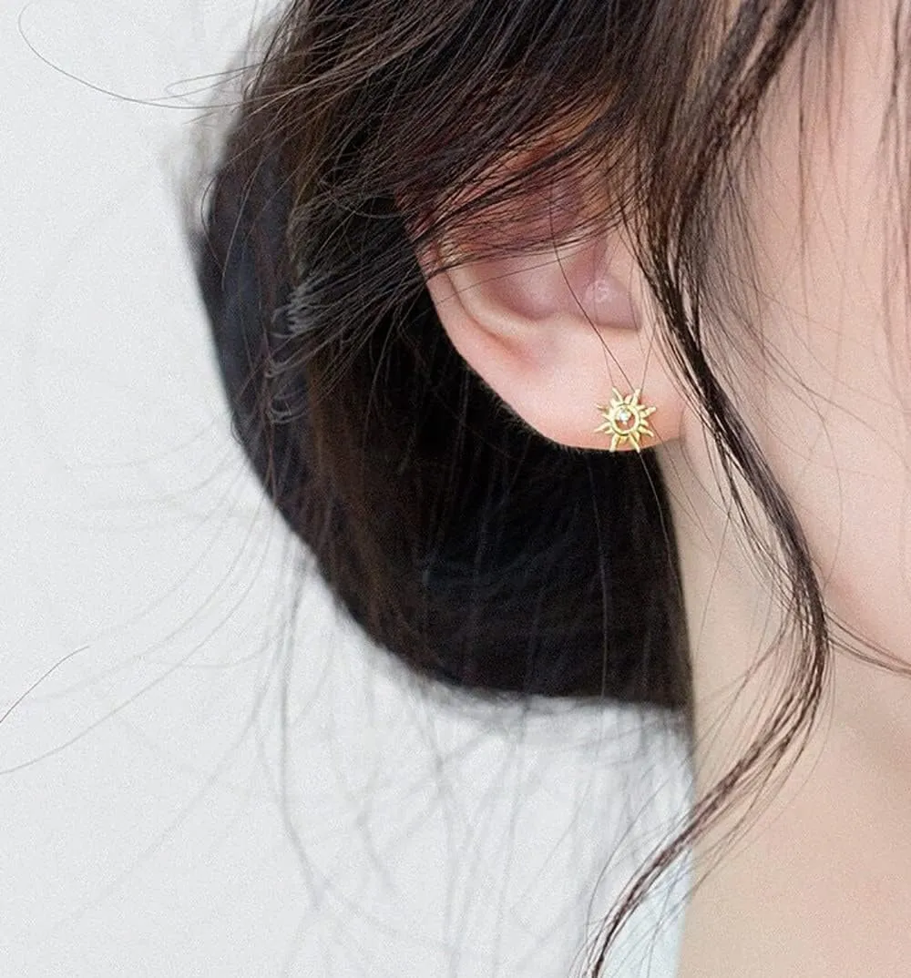 Tiny Sun Stud Earrings S925 Sterling Silver for Girls Women Minimalist Blue Crystal CZ Small Statement Earring Studs Ear Piercing Fashion Jewelry Gifts Sensitive Ears