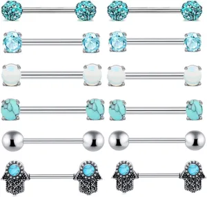 Titanium Steel Nipple Tongue Rings Opal CZ Barbell Colorful Set Piercing Jewelry Body Retainer 14G(1.6mm) 16mm 2 Pcs