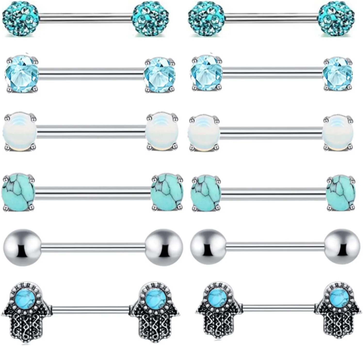 Titanium Steel Nipple Tongue Rings Opal CZ Barbell Colorful Set Piercing Jewelry Body Retainer 14G(1.6mm) 16mm 2 Pcs